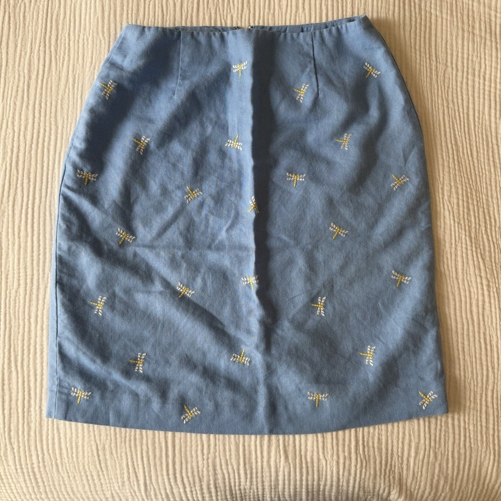 Talbots VTG Mini Skirt (6) Light Blue Linen Blend Embroidered Dragonfly Preppy